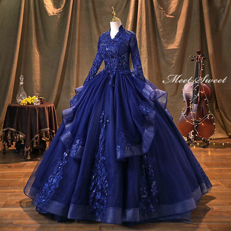 ウェディングドレス ウエディングドレス カラードレス ロングドレス 演奏会 イブニングドレス ステージドレス 舞台衣装 発表会ドレス コンサート 音楽会 演出服 主役 青 ネイビー 花紺 長袖 ロングスリーブ 40代 50代 60代 上品 結婚式 二次会 パーティードレス 披露宴