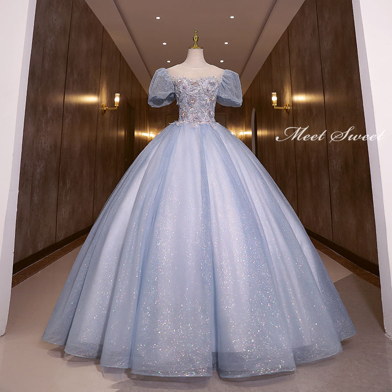 【P5倍★BLACK FRIDAY限定】ウェディングドレス ウエディングドレス カラードレス ロングドレス 演奏会 イブニングドレス プリンセスラインドレス ステージドレス 舞台衣装 発表会ドレス コンサート コンクール 大人 青 ブルー 袖付き 結婚式 花嫁 二次会 パーティードレス