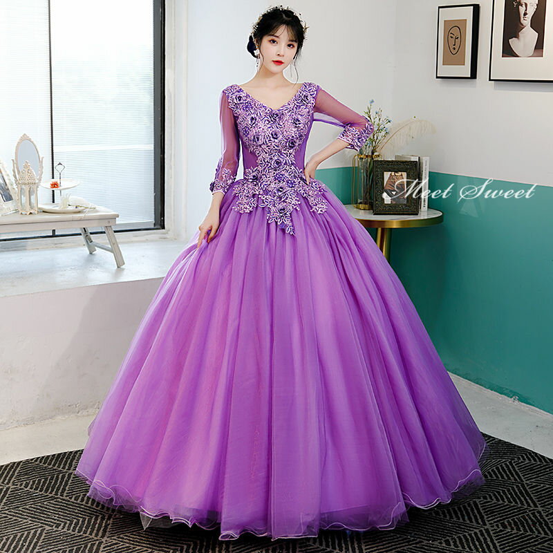 ウェディングドレス ウエディングドレス カラードレス ロングドレス 演奏会 演出 プリンセスラインドレス ステージ 舞台衣装 発表会ドレス コンサート コンクール 大人 パープル 長袖 フラワー 編み上げ Vネック 紫 結婚式 二次会 パーティードレス イブニングドレス 披露宴