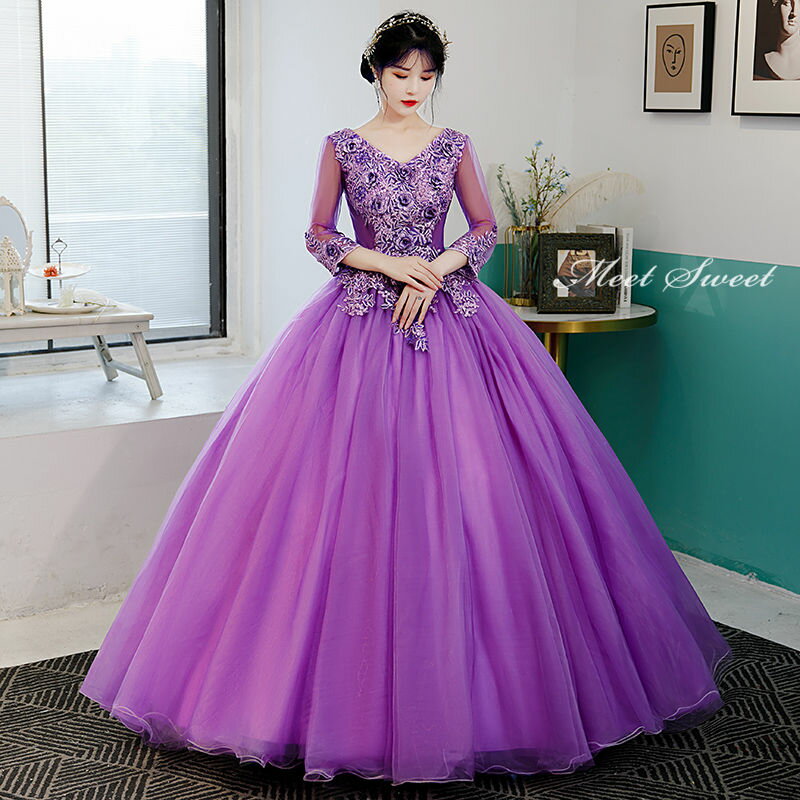 ウェディングドレス ウエディングドレス カラードレス ロングドレス 演奏会 演出 プリンセスラインドレス ステージ 舞台衣装 発表会ドレス コンサート コンクール 大人 パープル 長袖 フラワー 編み上げ Vネック 紫 結婚式 二次会 パーティードレス イブニングドレス 披露宴
