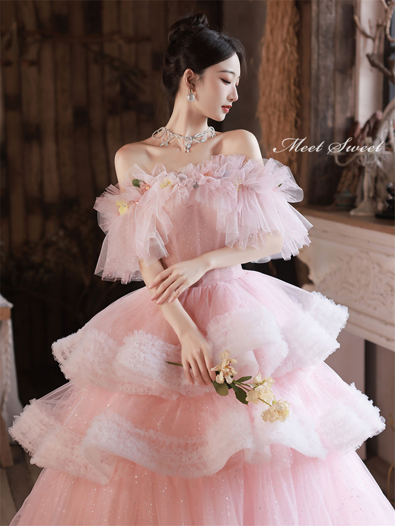 ウエディングドレス カラードレス ロングドレス ティアード 演奏会 イブニングドレス パーティードレス ピンク ステージドレス コンサート ウェディングドレス 結婚式 二次会ドレス 前撮り トレーン 発表会 披露宴 花嫁 カクテルドレス 後撮り ブライダル フォーマル