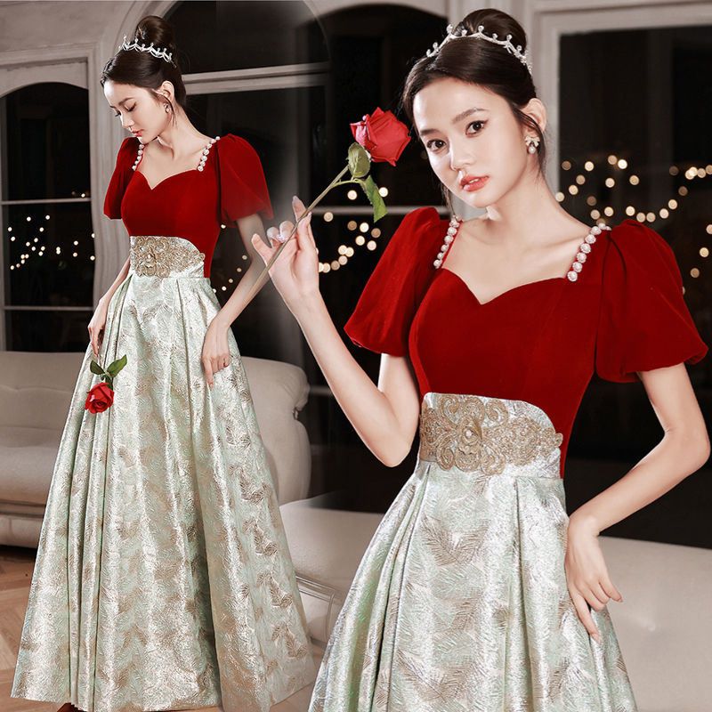 ウェディングドレス ウエディングドレス カラードレス ロングドレス パフスリーブ 切り替え 赤 緑 演奏会 発表会 カクテルドレス イブニングドレス パーティードレス 高校生 大人 ファスナー 結婚式 二次会 披露宴 コンサート 花嫁 前撮り ブライダル 袖あり フォーマル