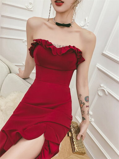 【スーパーSALE限定P2倍×最大2000円OFFクーポン】ウェディングドレス ウエディングドレス カラードレス ロングドレス 発表会ドレス カクテルドレス イブニングドレス 大人 パーティードレス おしゃれ ファッション 裾詰み ビスチェ フリル 赤 ワインレッド 演奏会 結婚式