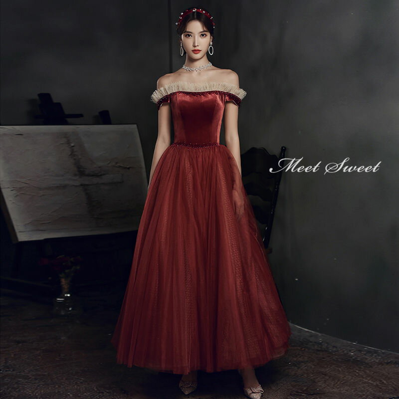 ウエディングドレス カラードレス ロングドレス 演奏会 発表会 イブニングドレス オフショルダー ベルベット レッド パーティードレス コンサート ウェディングドレス 結婚式 二次会ドレス 花嫁 披露宴 カクテルドレス 前撮り 後撮り ブライダル ウエディングカラードレス