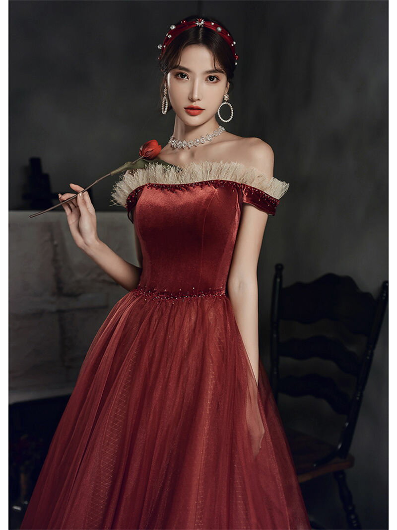 ウエディングドレス カラードレス ロングドレス 演奏会 発表会 イブニングドレス オフショルダー ベルベット レッド パーティードレス コンサート ウェディングドレス 結婚式 二次会ドレス 花嫁 披露宴 カクテルドレス 前撮り 後撮り ブライダル ウエディングカラードレス