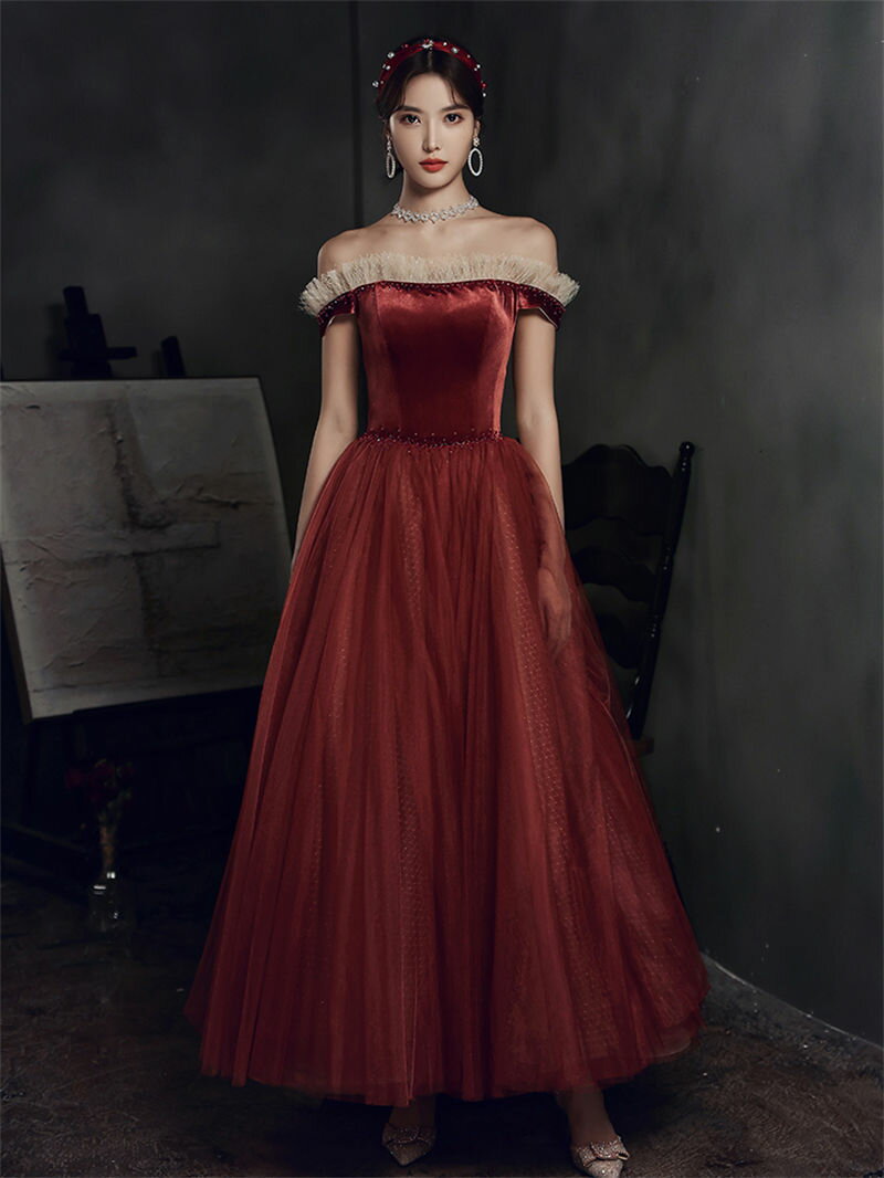 ウエディングドレス カラードレス ロングドレス 演奏会 発表会 イブニングドレス オフショルダー ベルベット レッド パーティードレス コンサート ウェディングドレス 結婚式 二次会ドレス 花嫁 披露宴 カクテルドレス 前撮り 後撮り ブライダル ウエディングカラードレス