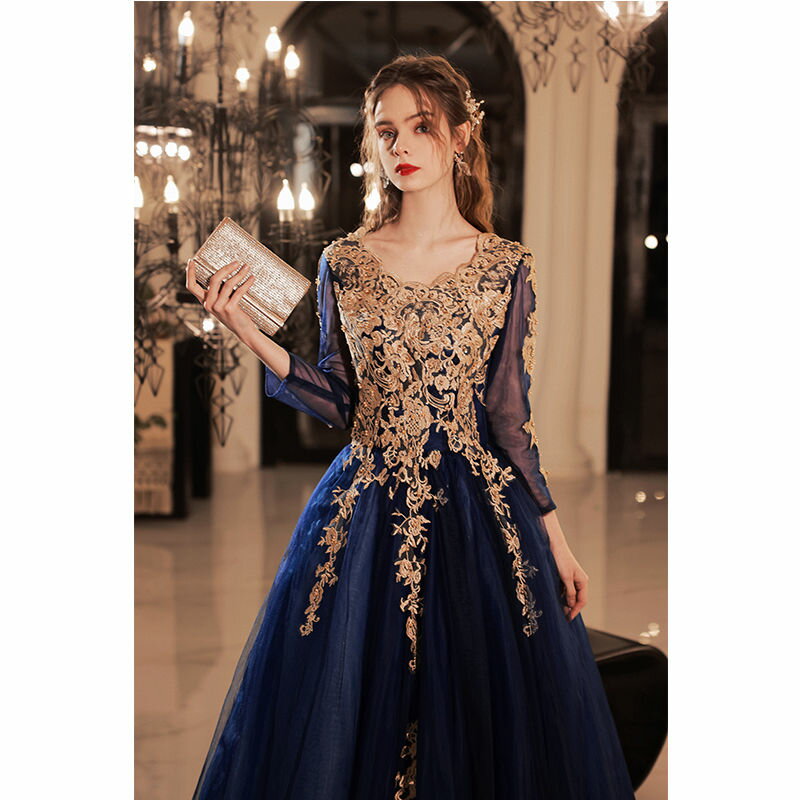 ウェディングドレス ウエディングドレス カラードレス ロングドレス 演奏会 発表会ドレス 大人 イブニングドレス ネイビー 長袖 ロングスリーブ 紺 刺繍 編み上げ フォーマル コンサート 音楽会 ステージドレス 舞台ドレス エレガント 結婚式 二次会 パーティードレス 披露宴