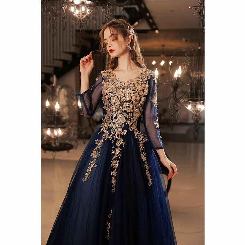 ウェディングドレス ウエディングドレス カラードレス ロングドレス 演奏会 発表会ドレス 大人 イブニングドレス ネイビー 長袖 ロングスリーブ 紺 刺繍 編み上げ フォーマル コンサート 音楽会 ステージドレス 舞台ドレス エレガント 結婚式 二次会 パーティードレス 披露宴