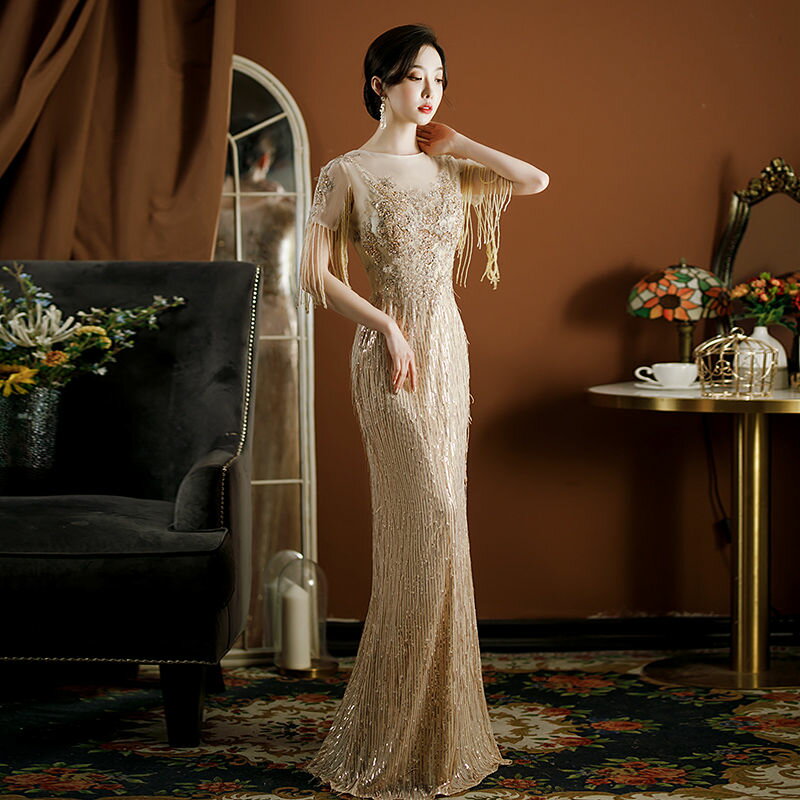 ウェディングドレス ウエディングドレス カラードレス マーメイドドレス マーメイドラインドレス ロングドレス ゴールド ビーズフリンジ イブニングドレス パーティードレス スリットスリーブ ファスナー フォーマル 演出 演奏会 発表会 結婚式 二次会 披露宴 コンサート