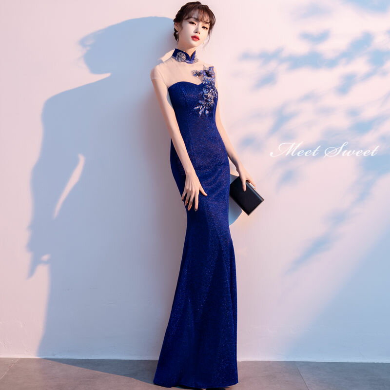 ウェディングドレス ウエディングドレス カラードレス ブルー チャイナドレス マーメイドドレス マーメイドラインドレス ロングドレス フォーマル ファスナー パーティードレス 発表会 イベント フレンチスリーブ 演奏会 結婚式 二次会 イブニングドレス 披露宴 コンサート