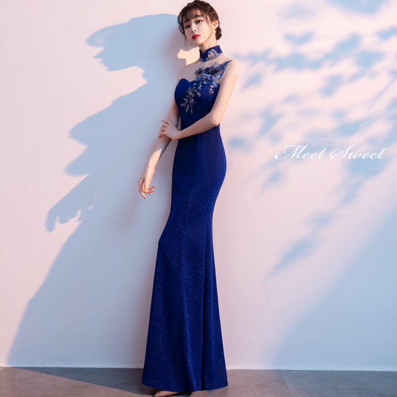 ウェディングドレス ウエディングドレス カラードレス ブルー チャイナドレス マーメイドドレス マーメイドラインドレス ロングドレス フォーマル ファスナー パーティードレス 発表会 イベント フレンチスリーブ 演奏会 結婚式 二次会 イブニングドレス 披露宴 コンサート