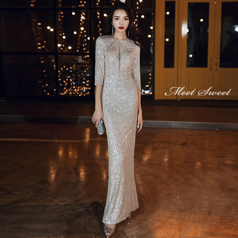 ウェディングドレス ウエディングドレス カラードレス マーメイドドレス マーメイドラインドレス スパンコール シャンパン 6分袖 ロングドレス フォーマル ファスナー イブニングドレス パーティードレス エレガント 演奏会 発表会 結婚式 二次会 披露宴 コンサート