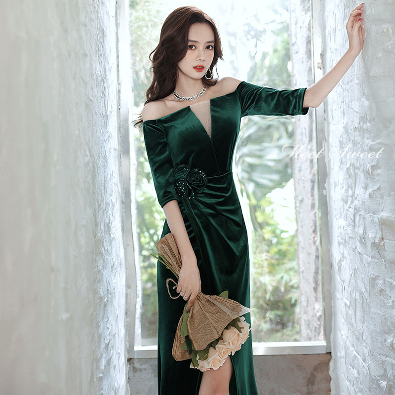 ウェディングドレス ウエディングドレス カラードレス マーメイドドレス マーメイドラインドレス スリット ベルベット グリーン ブラック ロングドレス フォーマル イブニングドレス パーティードレス 5分袖 オフショルダー 演奏会 発表会 結婚式 二次会 披露宴 コンサート
