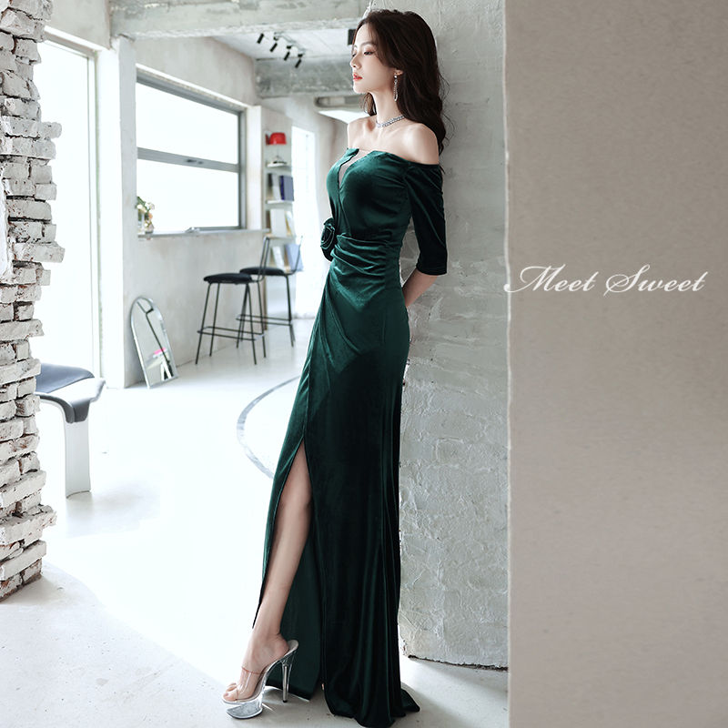 ウェディングドレス ウエディングドレス カラードレス マーメイドドレス マーメイドラインドレス スリット ベルベット グリーン ブラック ロングドレス フォーマル イブニングドレス パーティードレス 5分袖 オフショルダー 演奏会 発表会 結婚式 二次会 披露宴 コンサート