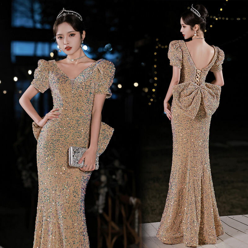 ウェディングドレス ウエディングドレス カラードレス パーティードレス イブニングドレス マーメイドドレス マーメイドラインドレス ゴールド スパンコール パフスリーブ 蝶結び フォーマル カクテルドレス ゲストドレス 演奏会 発表会 結婚式 二次会 披露宴 コンサート