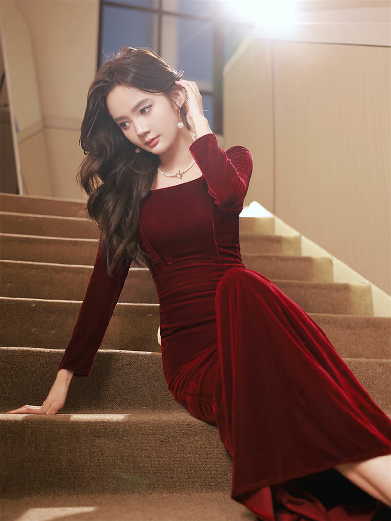 ウエディングドレス カラードレス パーティードレス イブニングドレス マーメイドドレス マーメイドラインドレス ベルベット ワインレッド 長袖 ロングスリーブ フォーマル カクテルドレス ウェディングドレス リボン 演奏会 発表会 結婚式 二次会 披露宴 コンサート