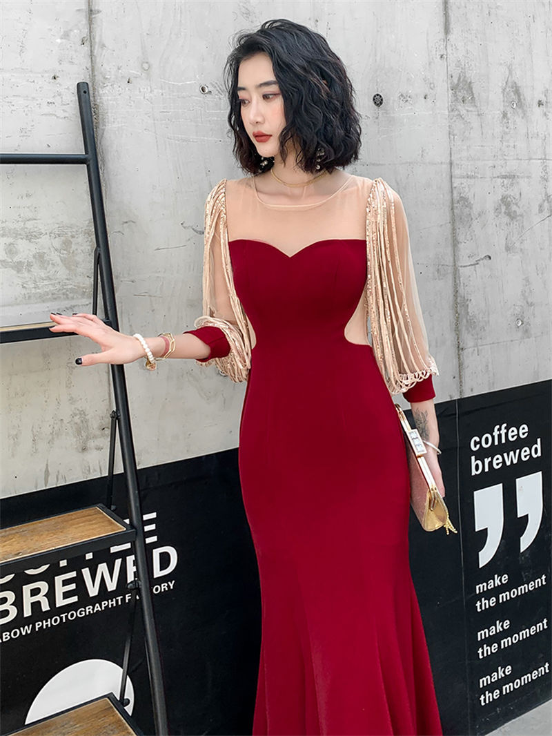 ウェディングドレス ウエディングドレス カラードレス マーメイドドレス マーメイドラインドレス パーティードレス イブニングドレス ワインレッド 長袖 ビーズ カクテルドレス ファスナー フォーマル ゲストドレス セクシー 上品 演奏会 発表会 結婚式 二次会 コンサート