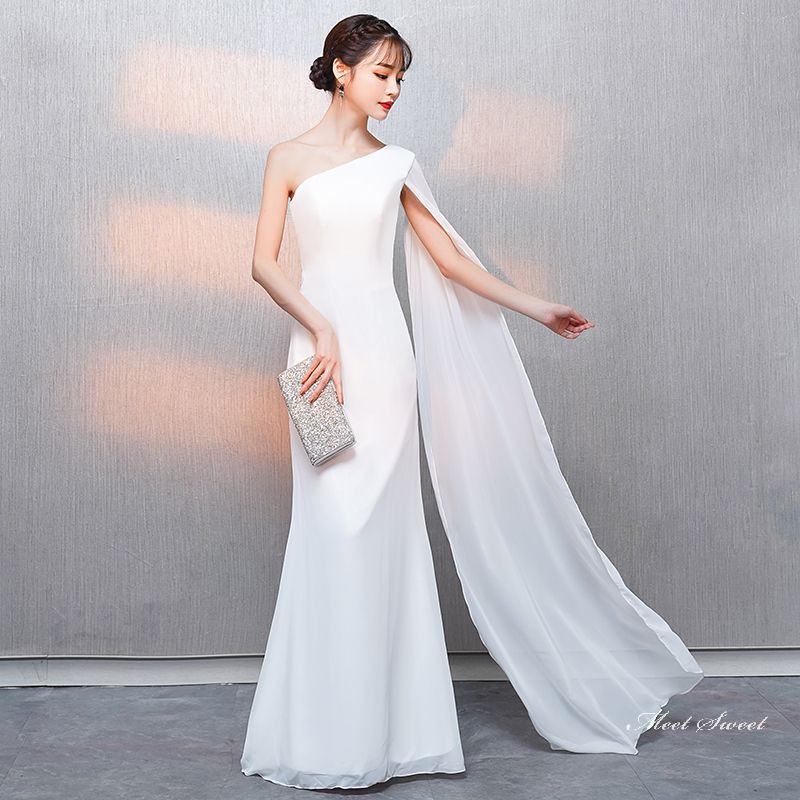 ウェディングドレス ウエディングドレス カラードレス カクテルドレス ロングドレス パーティードレス 発表会ドレス 演奏会 ステージドレス フォーマル イブニングドレス ホワイト ワンショルダー スレンダーライン 結婚式 二次会 披露宴 コンサート 花嫁 前撮り 後撮り