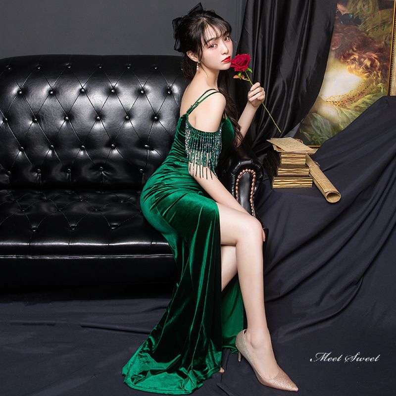 ウェディングドレス ウエディングドレス カラードレス カクテルドレス ロングドレス パーティードレス 発表会ドレス 演奏会 ステージドレス イブニングドレス 大人 ベルベット グリーン スリット 写真撮影 結婚式 二次会 披露宴 コンサート 花嫁 前撮り 後撮り