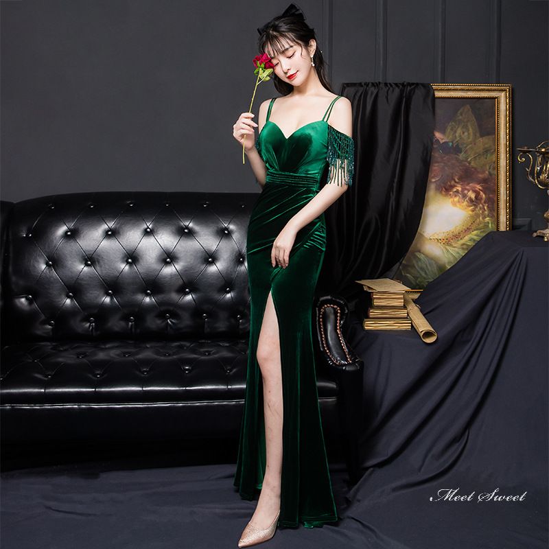 ウェディングドレス ウエディングドレス カラードレス カクテルドレス ロングドレス パーティードレス 発表会ドレス 演奏会 ステージドレス イブニングドレス 大人 ベルベット グリーン スリット 写真撮影 結婚式 二次会 披露宴 コンサート 花嫁 前撮り 後撮り