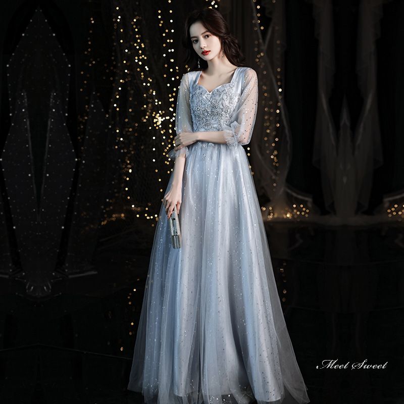 ウェディングドレス ウエディングドレス カラードレス カクテルドレス ロングドレス パーティードレス 発表会ドレス 演奏会 ステージドレス イブニングドレス 大人 グレー 6分袖 編み上げ フォーマル お洒落 結婚式 二次会 披露宴 コンサート 花嫁 前撮り 後撮り