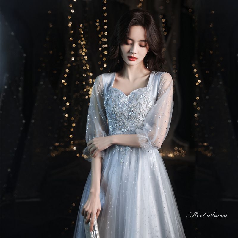 ウェディングドレス ウエディングドレス カラードレス カクテルドレス ロングドレス パーティードレス 発表会ドレス 演奏会 ステージドレス イブニングドレス 大人 グレー 6分袖 編み上げ フォーマル お洒落 結婚式 二次会 披露宴 コンサート 花嫁 前撮り 後撮り