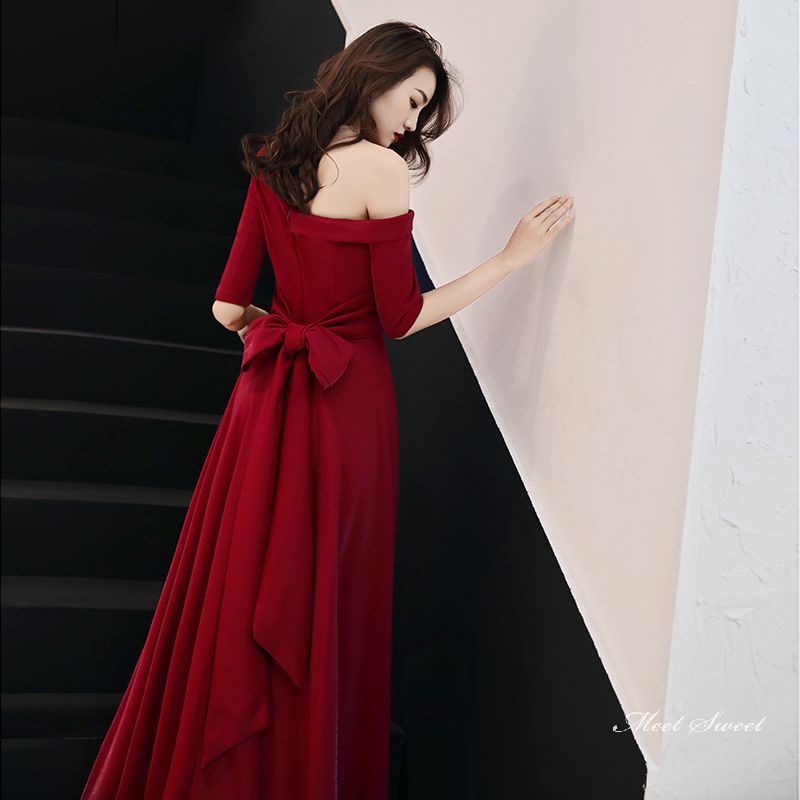 ウェディングドレス ウエディングドレス カラードレス カクテルドレス ロングドレス パーティードレス 発表会ドレス 演奏会 ステージドレス イブニングドレス 大人 ワインレッド フォーマル 5分袖 ファスナー 結婚式 二次会 披露宴 コンサート 花嫁 前撮り 後撮り
