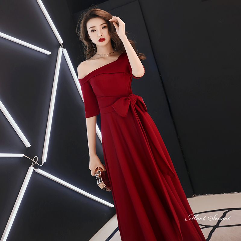 ウェディングドレス ウエディングドレス カラードレス カクテルドレス ロングドレス パーティードレス 発表会ドレス 演奏会 ステージドレス イブニングドレス 大人 ワインレッド フォーマル 5分袖 ファスナー 結婚式 二次会 披露宴 コンサート 花嫁 前撮り 後撮り