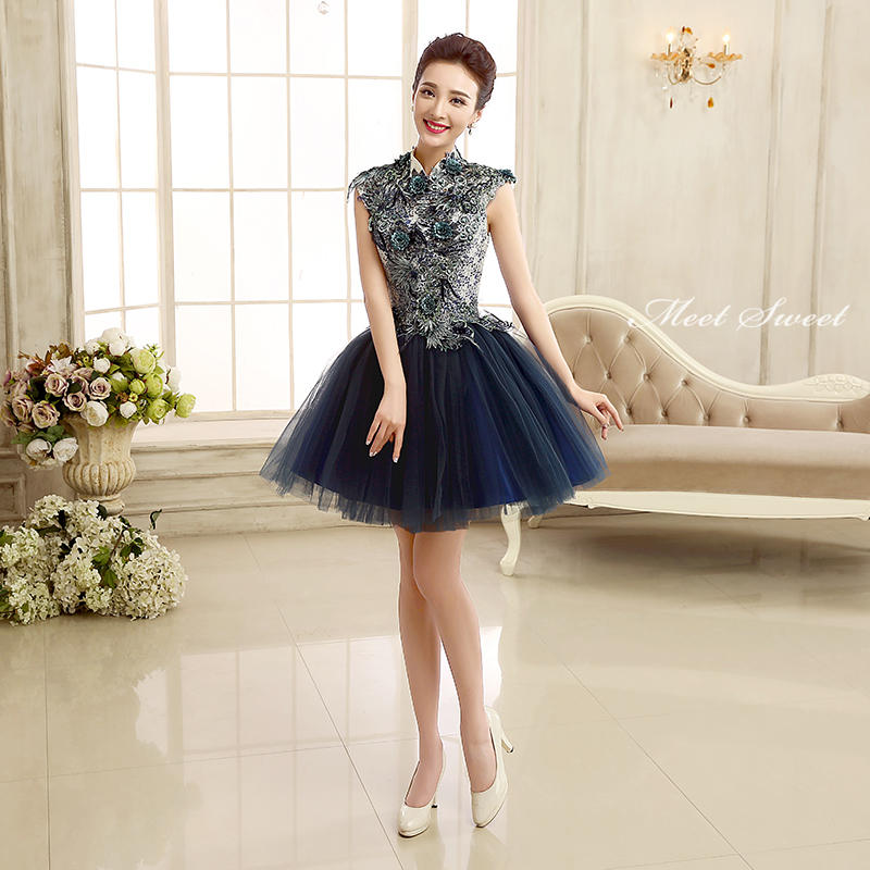 ウェディングドレス ウエディングドレス パーティードレス ミニドレス イブニングドレス チュールブルー 花柄 チャイナ 成人式 お呼ばれ 花嫁 二次会ドレス フォーマル カラードレス 立ち襟 忘年会 30代 40代 演奏会 発表会 結婚式 披露宴 コンサート カクテルドレス