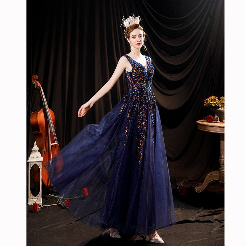 カラードレス パーティードレス 演奏会 発表会 イブニングドレス 袖なし ネイビー スパンコール ウェディングドレス ファスナー 紺 キラキラ コンサート ウエディングドレス カクテルドレス 青 ブルー ノースリーブ ロングドレス コンクール ステージ おしゃれ ファッション