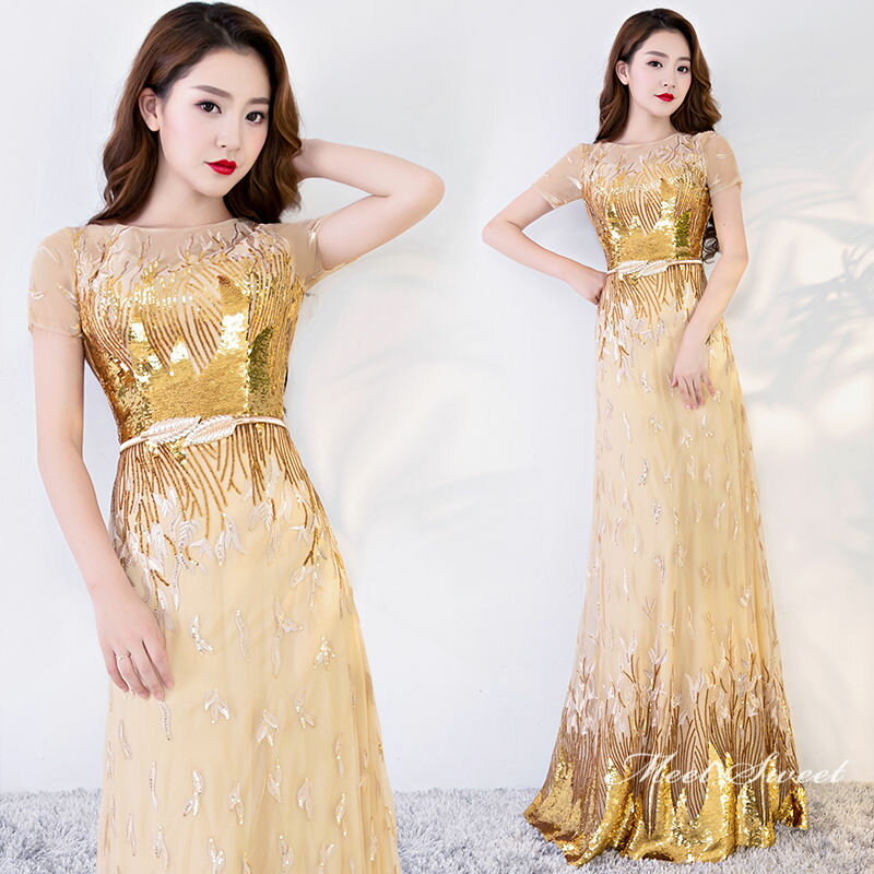 ウェディングドレス ウエディングドレス カラードレス 演奏会 コンサート フォーマル イブニングドレス 二次会ドレス ロングドレス 発表会 カクテルドレス 金色 パーティードレス Aラインドレス ゴールド 半袖 結婚式 披露宴 花嫁 前撮り 後撮り ブライダル 袖あり