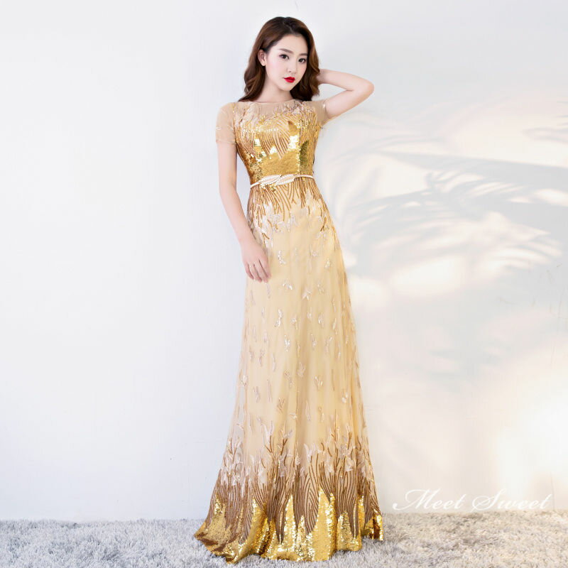 【マラソンP2倍×最大2000円クーポン 10/17 9:59まで】ウェディングドレス ウエディングドレス カラードレス 演奏会 コンサート フォーマル イブニングドレス 二次会ドレス ロングドレス 発表会 カクテルドレス 金色 パーティードレス Aラインドレス ゴールド 半袖 結婚式