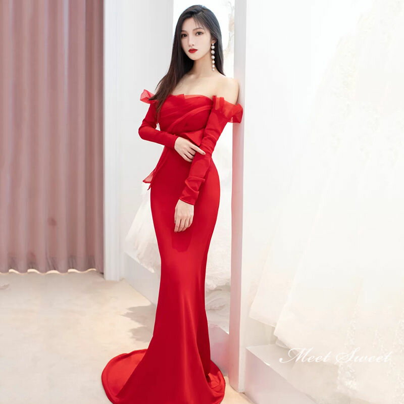 ウェディングドレス ウエディングドレス カラードレス 演奏会 赤 披露宴 フォーマルドレス 結婚式 イブニングドレス 二次会ドレス 花嫁 ロングドレス 発表会 パーティードレス 袖あり コンサート オフショルダー カクテルドレス 前撮り 後撮り ブライダル wedding dress