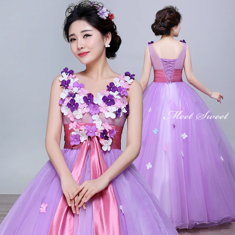 ウェディングドレス ウエディングドレス カラードレス 演奏会 花 パープル ブルー ロングドレス コンサート 発表会ドレス 結婚式 フラワー 二次会ドレス プリンセスラインドレス ステージ衣装 大人 可愛い 中学生 高校生 パーティードレス イブニングドレス 披露宴