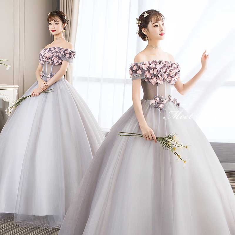 ウェディングドレス ウエディングドレス カラードレス 演奏会 安い ロングドレス コンサート オフショルダー 発表会ドレス グレー フラワー 透かし感 二次会ドレス プリンセスラインドレス 結婚式 ステージ衣装 大人ドレス パーティードレス イブニングドレス 披露宴