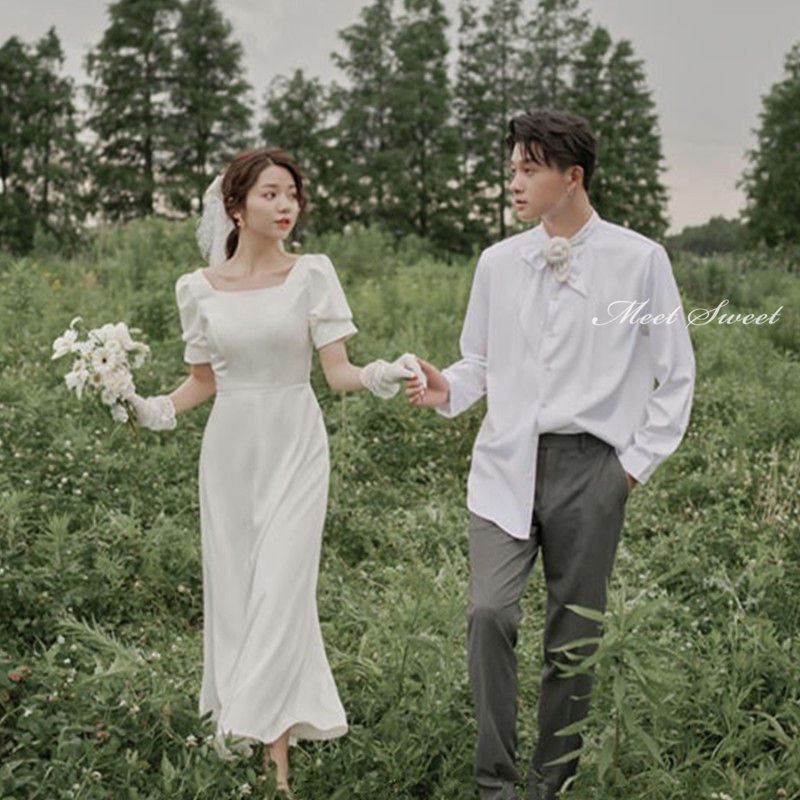 ウェディングドレス ウエディングドレス 結婚式 披露宴 二次会ドレス 前撮り パーティー サテン 袖あり 半袖 新婦 ロングドレス オフホワイト ブライダルドレス 花嫁 スクエアネック エレガント 海外挙式 セミオーダー おしゃれ フォト婚 ホワイトドレス wedding dress