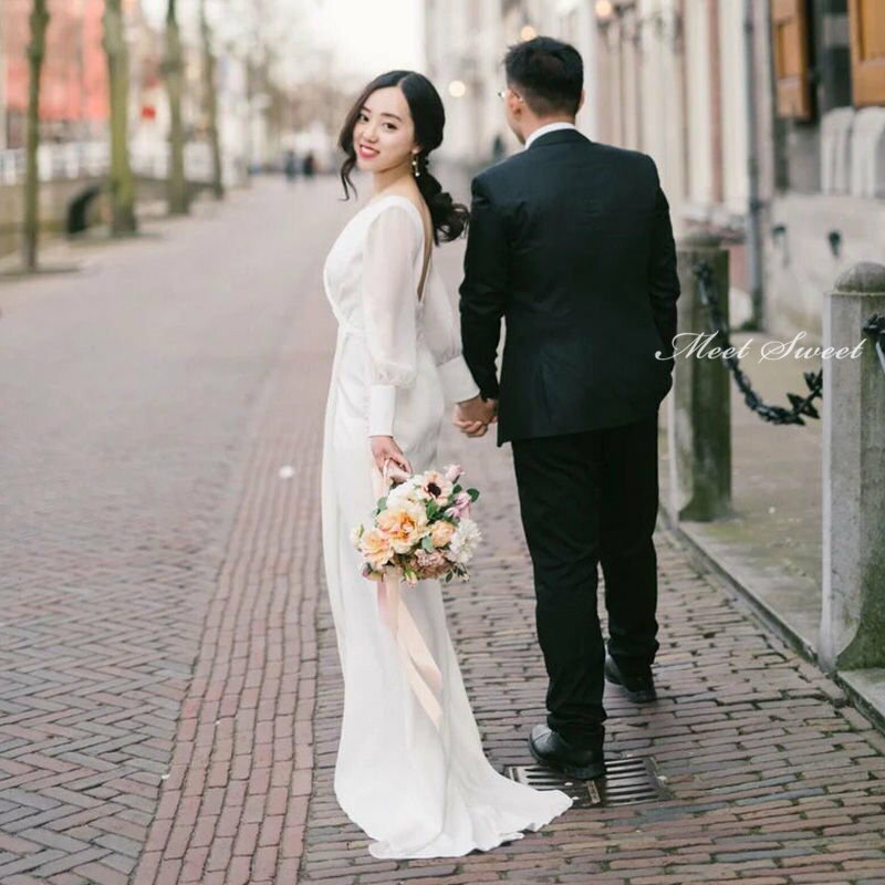ウェディングドレス 新婦 ロングドレス お呼ばれ カクテルドレス イブニングドレス ブライダルドレス 結婚式 花嫁ドレス ウエディングドレス 二次会ドレス パーティードレス 長袖 ロングスリーブ 白 前撮り 披露宴 エレガント 海外挙式 セミオーダー おしゃれ フォト婚