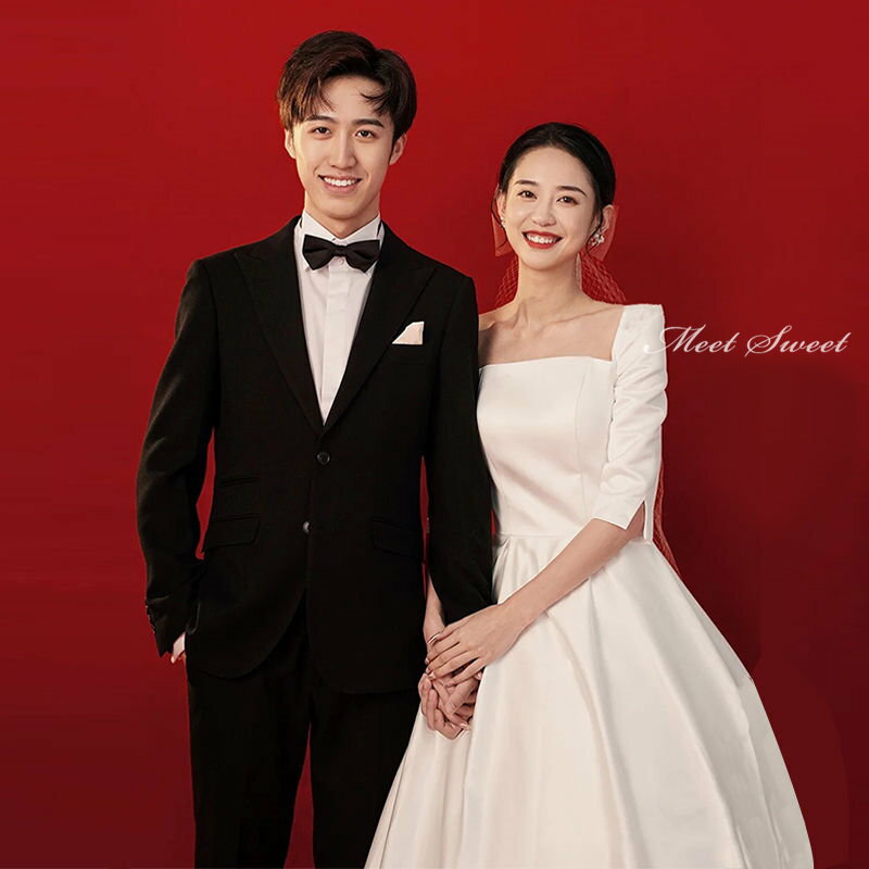 ウェディングドレス 結婚式 Aラインドレス ウエディングドレス 二次会ドレス 花嫁 パーティードレス 披露宴 ブライダルドレス 新婦 ロングドレス 演奏会 5分袖 スクエアネック 前撮り エレガント 海外挙式 セミオーダー フォトウェディング 上品 後撮り wedding dress