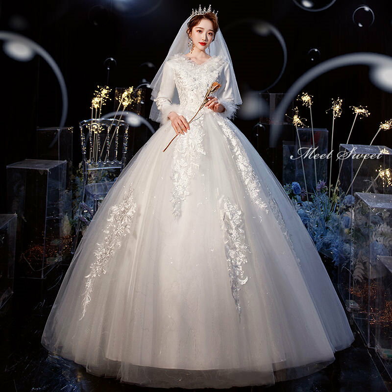 ウェディングドレス 白 オフホワイト 結婚式 花嫁ドレス 二次会ドレス 長袖 ロングスリーブ プリンセス 冬 春ウエディングドレス ロング丈 ロングドレス ブライダルドレス 披露宴 エレガント wedding dress 姫風 前撮り 海外挙式 セミオーダー ボリューム クラシカル