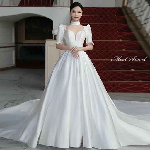 ウェディングドレス 結婚式 プリンセスラインドレス ウエディングドレス 二次会ドレス 半袖 花嫁ドレス パーティードレス 披露宴 ブライダルドレス ロング丈 ロングドレス 演奏会 前撮り エレガント 海外挙式 セミオーダー ボリューム クラシカル 王道 優雅 正統派 上品
