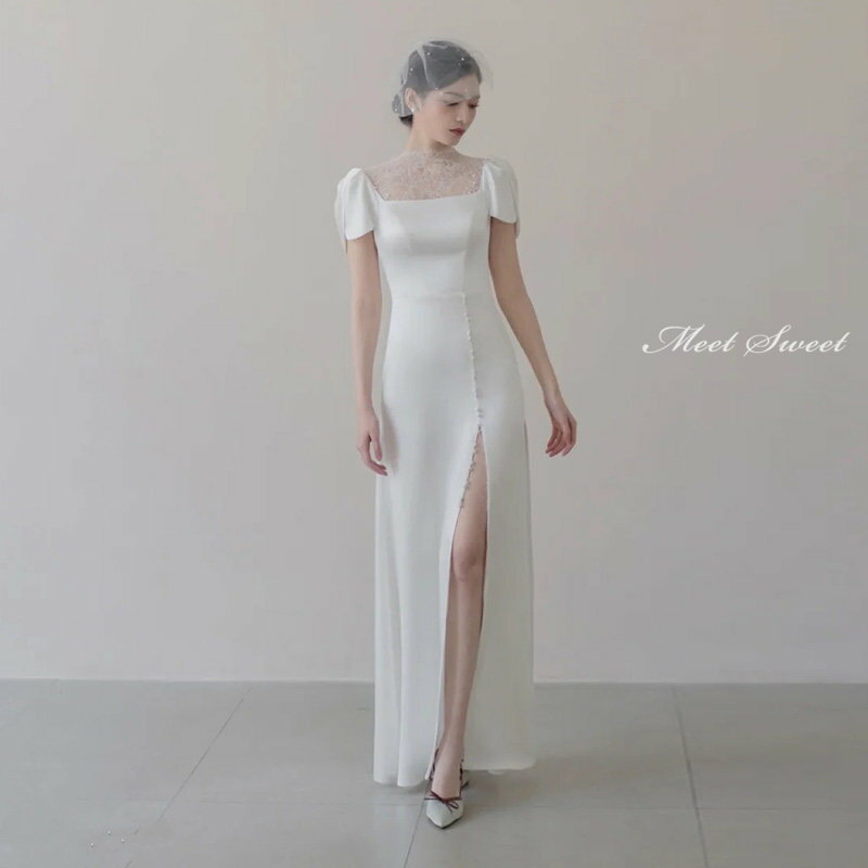 ウェディングドレス スレンダードレス ウエディングドレス 二次会ドレス スリット 花嫁 パーティードレス 演奏会 披露宴 ブライダルドレス 結婚式 新婦 ロングドレス シンプル 前撮り エレガント 海外挙式 セミオーダー おしゃれ フォト婚 ホワイトドレス wedding dress
