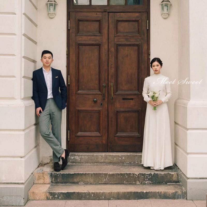 ウェディングドレス ウエディングドレス ウェディングドレス 長袖 ロングスリーブ 披露宴 ブライダルドレス 結婚式 二次会ドレス 前撮り 背中開け ホワイト サテン バックリボン スレンダーラインドレス エレガント 花嫁ドレス 海外挙式 セミオーダー おしゃれ フォト婚