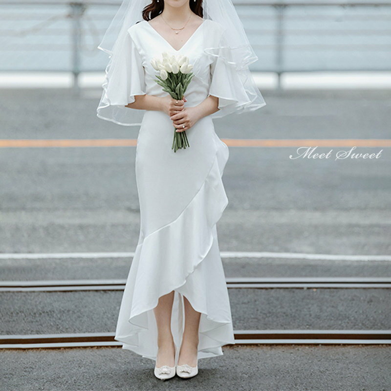 ウェディングドレス 新婦 ロングドレス 結婚式 ウエディングドレス フィッシュテールドレス 二次会ドレス 花嫁 前撮り リゾートドレス ワンピース 袖付き ソフトマーメイド 披露宴 ブライダルドレス エレガント 海外挙式 セミオーダー おしゃれ フォト婚 wedding dress
