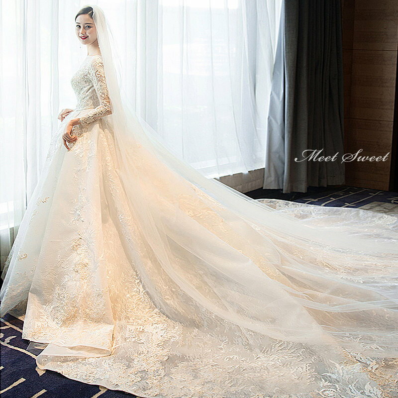 ウェディングドレス 花嫁ドレス 二次会ドレス ウエディングドレス 結婚式 ロング丈 ロングドレス プリンセスラインドレス レース 長袖 ロングスリーブ 海外挙式 披露宴 華やか ブライダルドレス 編み上げ トレーン 前撮り エレガント セミオーダー ボリューム クラシカル