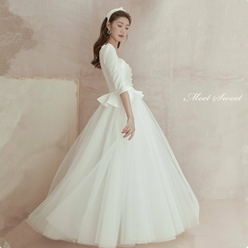 ウェディングドレス 花嫁 二次会ドレス ウエディングドレス 結婚式 新婦 ロングドレス Aラインドレス サテン+チュール ペプラム 5分袖 前撮り 披露宴 ブライダルドレス 白 オフホワイト 編み上げ エレガント 海外挙式 セミオーダー おしゃれ エレガンス wedding dress