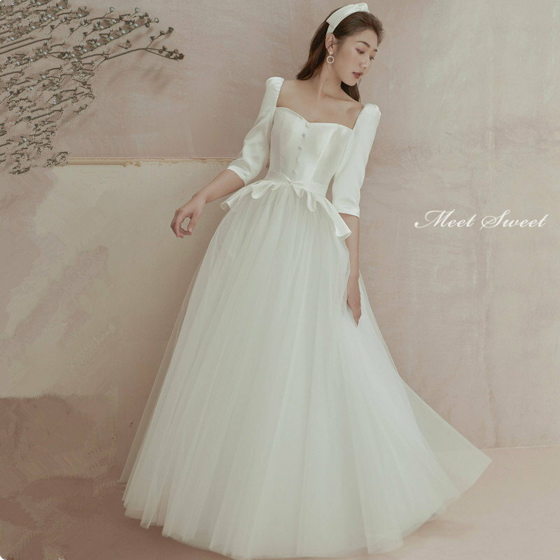ウェディングドレス 花嫁 二次会ドレス ウエディングドレス 結婚式 新婦 ロングドレス Aラインドレス サテン＋チュール ペプラム 5分袖 前撮り 披露宴 ブライダルドレス 白 オフホワイト 編み上げ エレガント 海外挙式 セミオーダー おしゃれ エレガンス wedding dress