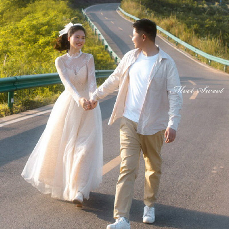 ウェディングドレス 花嫁 二次会ドレス ウエディングドレス 結婚式 前撮り 披露宴 リゾート レース ハネムーンフォト シャンパン 床付き 長袖 袖あり ロングスリーブ フォトウェディング ブライダルドレス エレガント 海外挙式 セミオーダー おしゃれ フォト婚 wedding dress