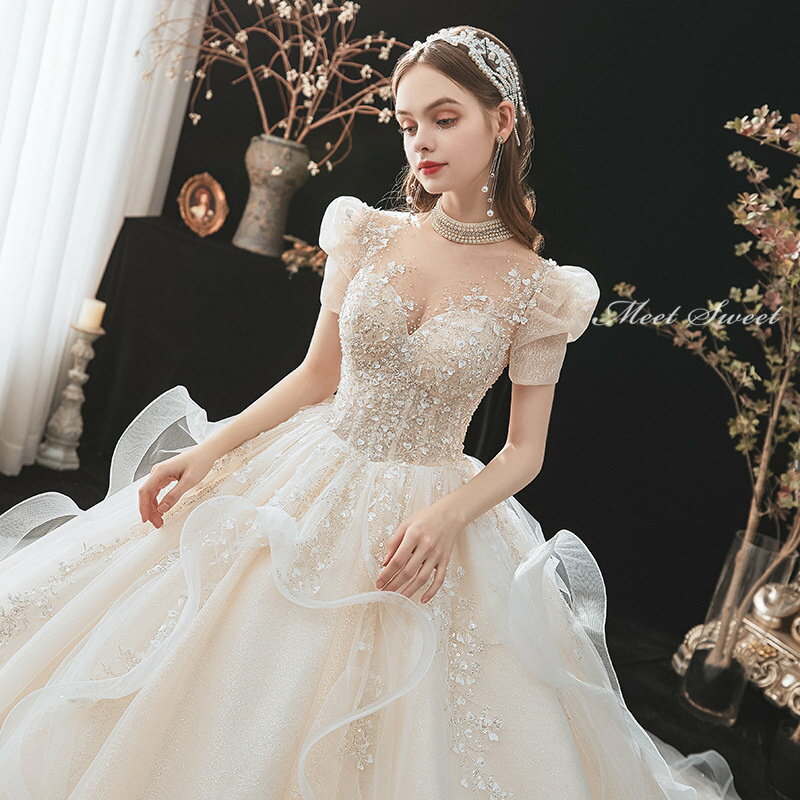 ウェディングドレス 花嫁ドレス 二次会ドレス シャンパン ウエディングドレス 結婚式 ロング 豪華 プリンセスラインドレス 半袖 海外挙式 披露宴 ブライダルドレス トレーンドレス ゴージャス 前撮り エレガント セミオーダー ボリューム クラシカル 王道 正統派 上品