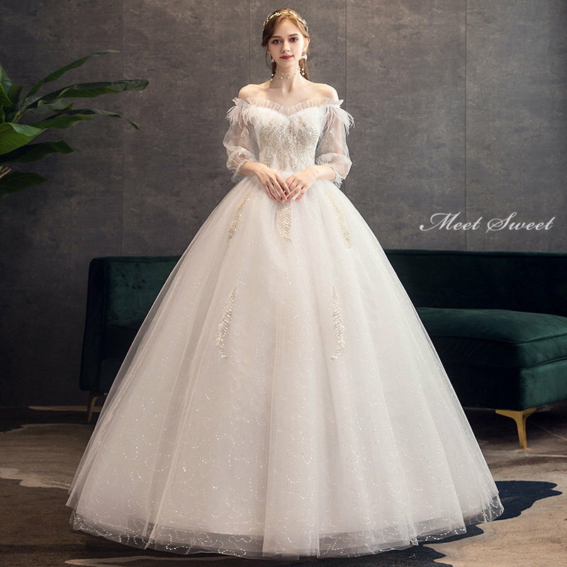 ウェディングドレス 花嫁ドレス 二次会ドレス ウエディングドレス 結婚式 ロング丈 ロングドレス プリンセスラインドレス オフショルダー 白 オフホワイト 海外挙式 披露宴 ブライダルドレス 編み上げ 前撮り エレガント セミオーダー ボリューム クラシカル 王道 上品