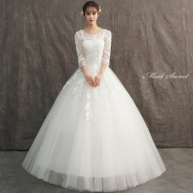 ウェディングドレス 花嫁ドレス 二次会ドレス ウエディングドレス 結婚式 ホルターネック ロング丈 ロングドレス プリンセスラインドレス 白 オフホワイト 7分袖 披露宴 ブライダルドレス 格安 編み上げ 前撮り エレガント 海外挙式 セミオーダー ボリューム クラシカル